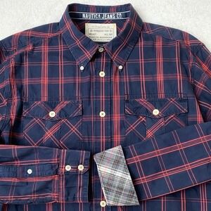 Nautica Jeans Co. Flip Cuffs Shirt Men XL Navy Red Plaid Americana Button Down